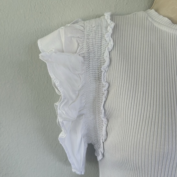 ZARA white ruffle sleeve ribbed stretch knit tee size large - Picture 6 of 10